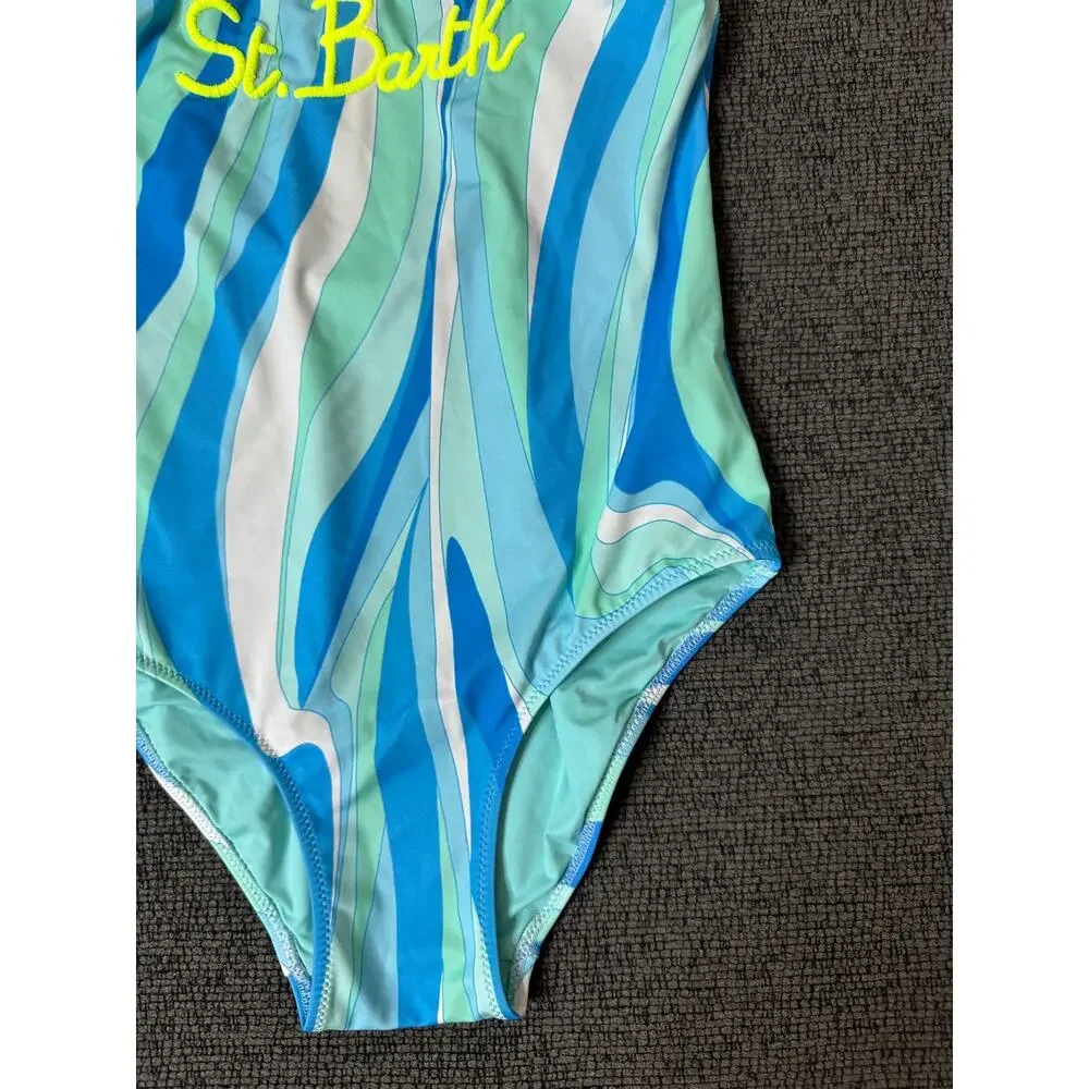 MC2 Saint Barth Girls Blue Wave Print Logo Swimsuit size 12 Made in Italy